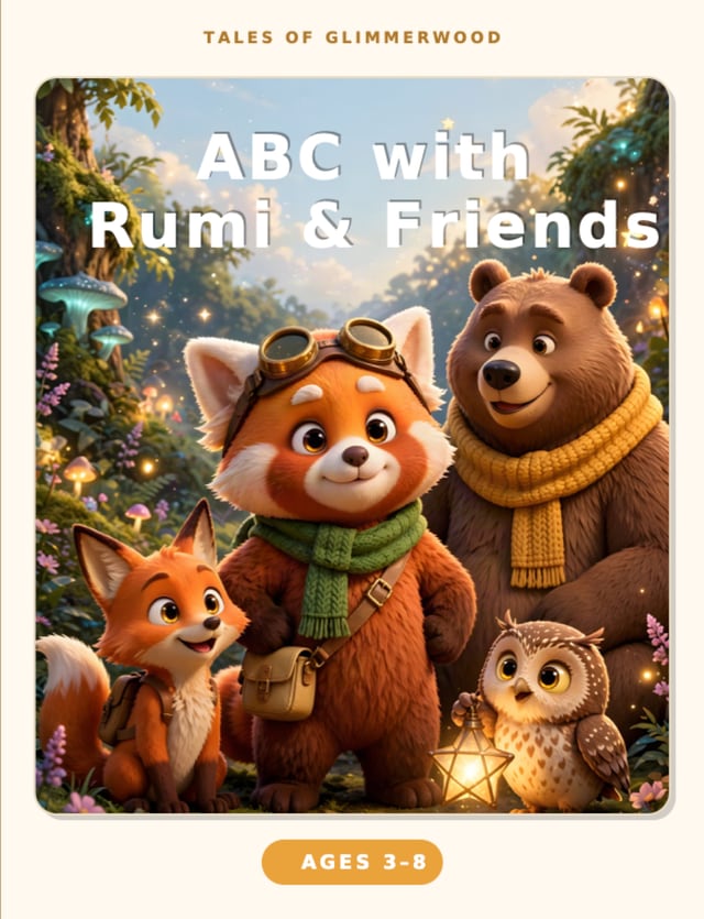 Cover of ABC with Rumi & Friends: a red panda explorer, a fox, a bear and an owl in an enchanted forest
