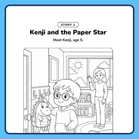 A coloring page of Kenji at the classroom coat hooks